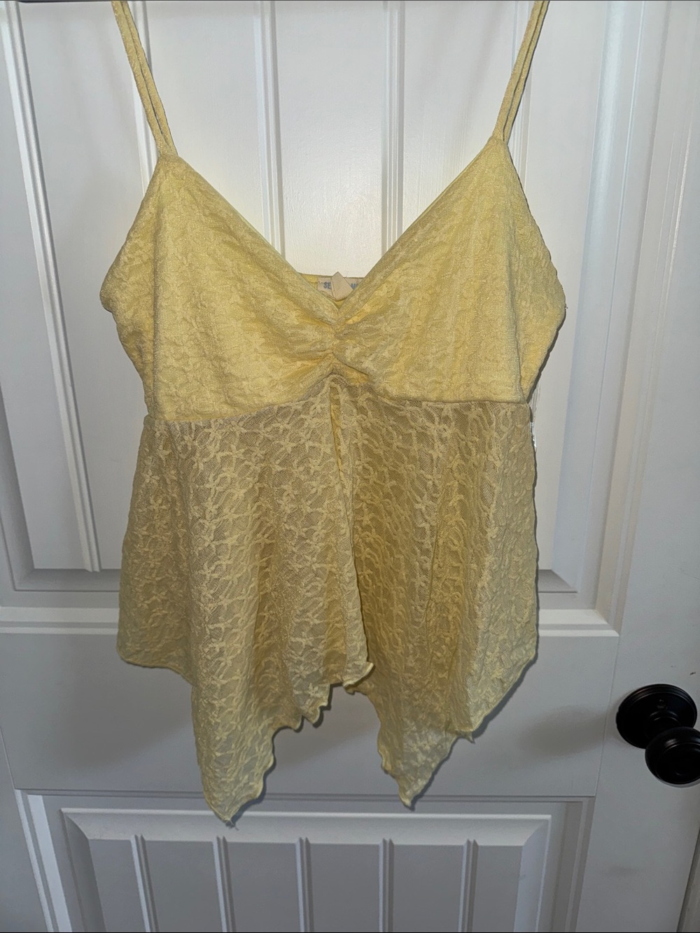 See You Monday Yellow Lace Handkerchief Hem Tank Top